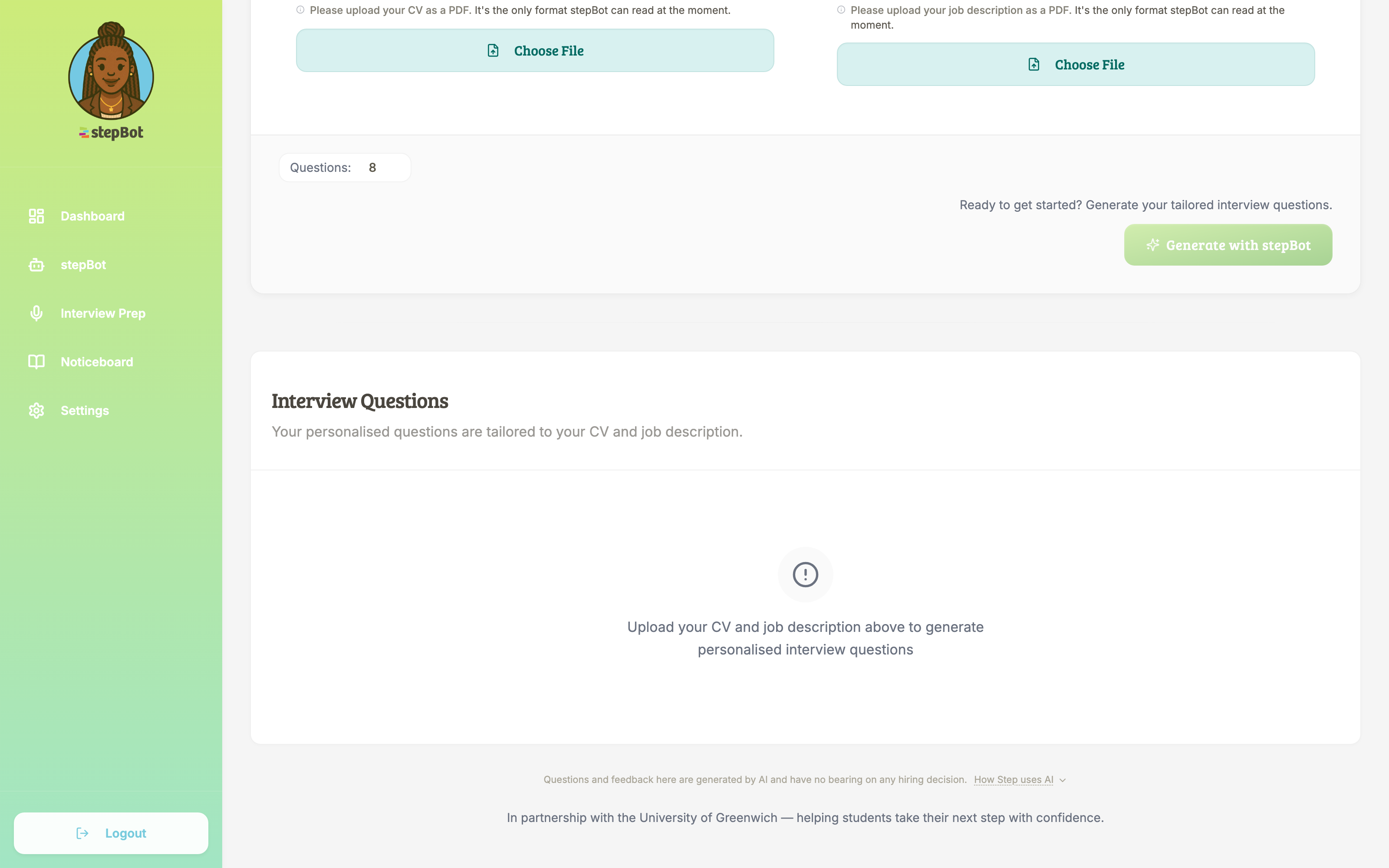 stepBot interview preparation screen with no student personal data